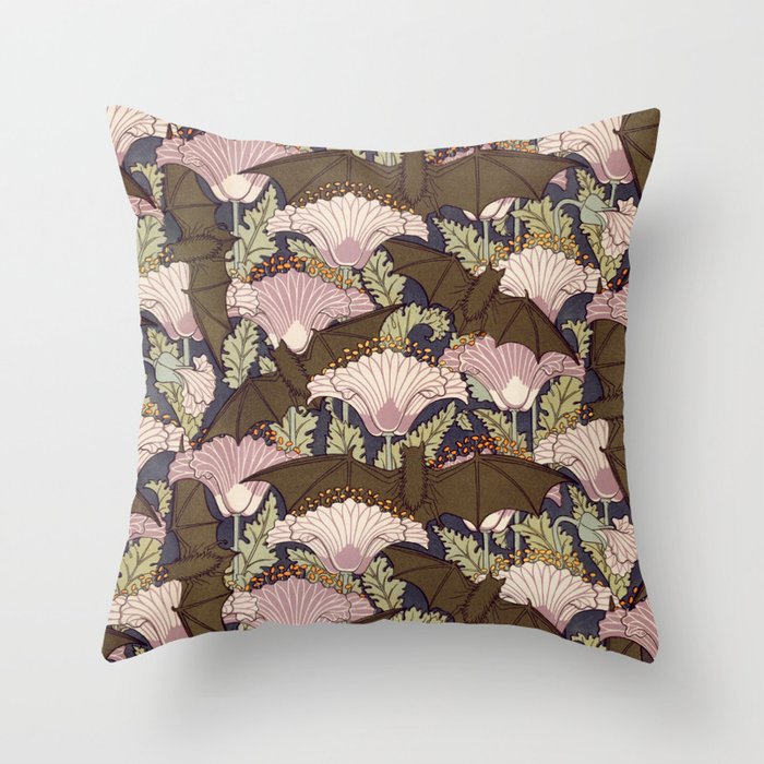 Bats and Poppies Art Nouveau design, Animals and Flowers Throw Pillow