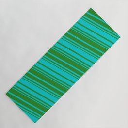 [ Thumbnail: Forest Green & Dark Turquoise Colored Striped Pattern Yoga Mat ]