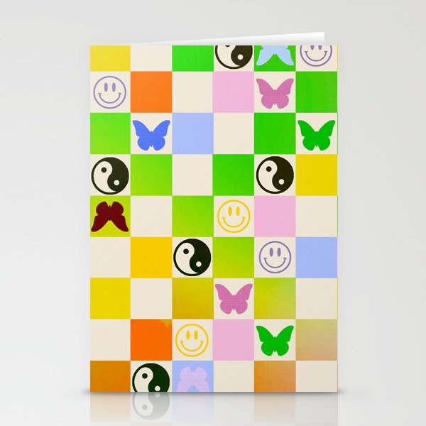 Y2k Butterfly Yin Yang Smiley Rainbow Gradient Checker Stationery Cards