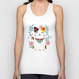 Japanese Lucky Cat with Cherry Blossoms Unisex Tank Top