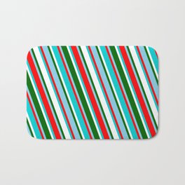 [ Thumbnail: Sky Blue, Red, Dark Turquoise, White, and Dark Green Colored Striped Pattern Bath Mat ]