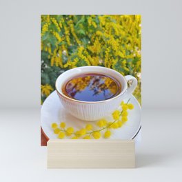 Mimosa perfumed cup of tea, spring in Italy, March. Mini Art Print