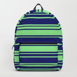 [ Thumbnail: Midnight Blue and Light Green Colored Striped/Lined Pattern Backpack ]