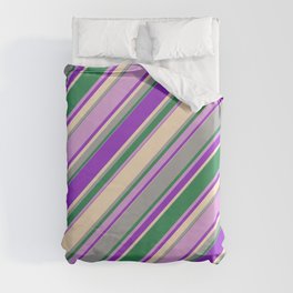[ Thumbnail: Colorful Dark Orchid, Bisque, Dark Gray, Sea Green & Plum Colored Lines Pattern Duvet Cover ]
