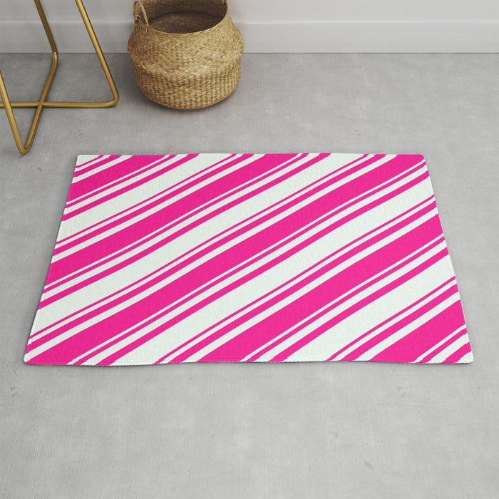 Deep Pink and Mint Cream Colored Lines/Stripes Pattern Rug