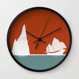 Traditional Chinese Junk Boat in the Sunset - Duotone Illustration Wall Clock
