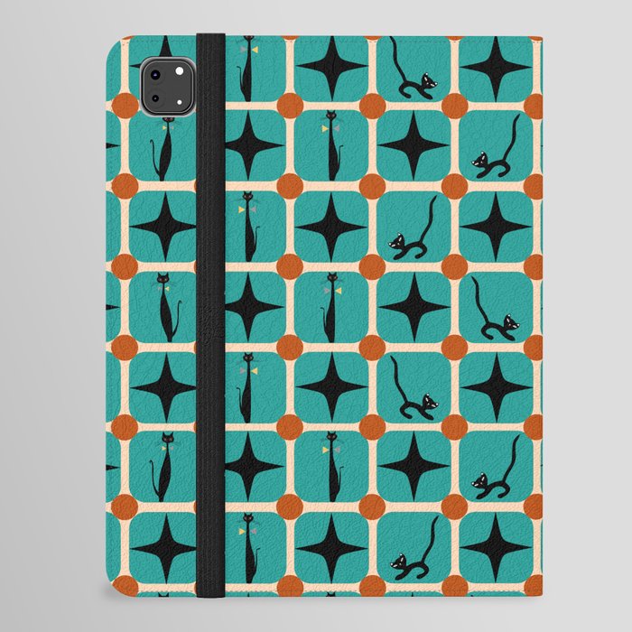 Mid-Century Modern Checkered Tiles Cats and Starburst iPad Folio Case