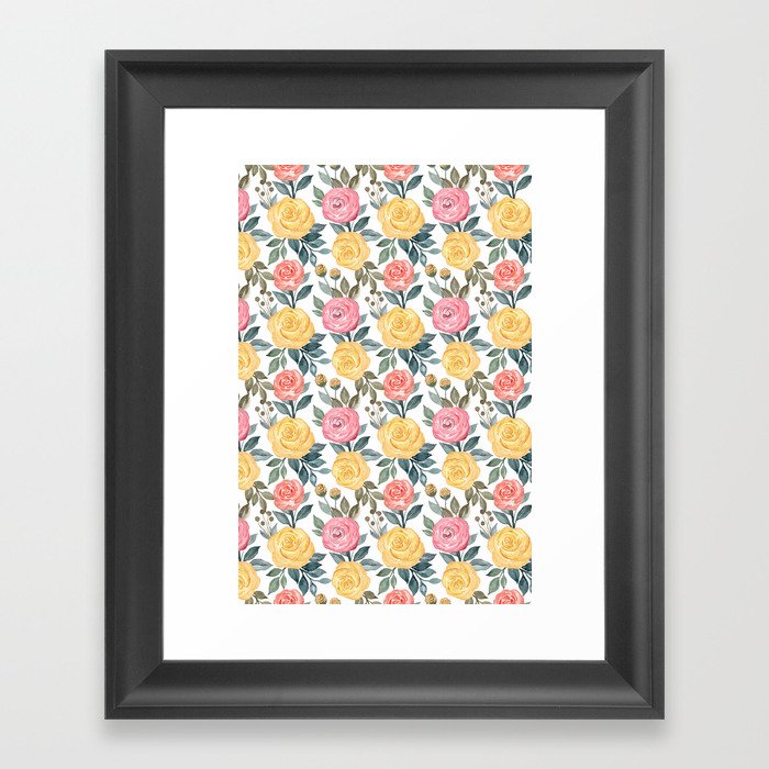 Pink and yellow watercolor flowers Framed Art Print