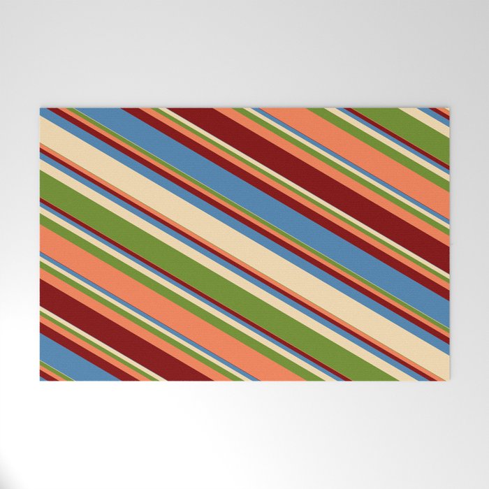 Blue, Beige, Green, Coral, and Maroon Colored Lined Pattern Welcome Mat