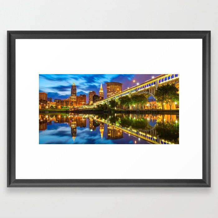 Cleveland Ohio Skyline Panorama Along the Cuyahoga River Waterfront Framed Art Print