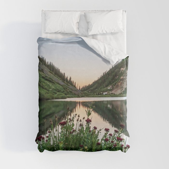 Natures Bouquet // Green and Red Floral Foreground Mountain and Moon Reflection Duvet Cover