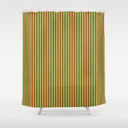 [ Thumbnail: Red, Dark Olive Green & Light Green Colored Lined/Striped Pattern Shower Curtain ]