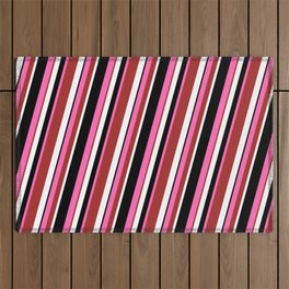 [ Thumbnail: Hot Pink, Brown, White & Black Colored Lined/Striped Pattern Outdoor Rug ]