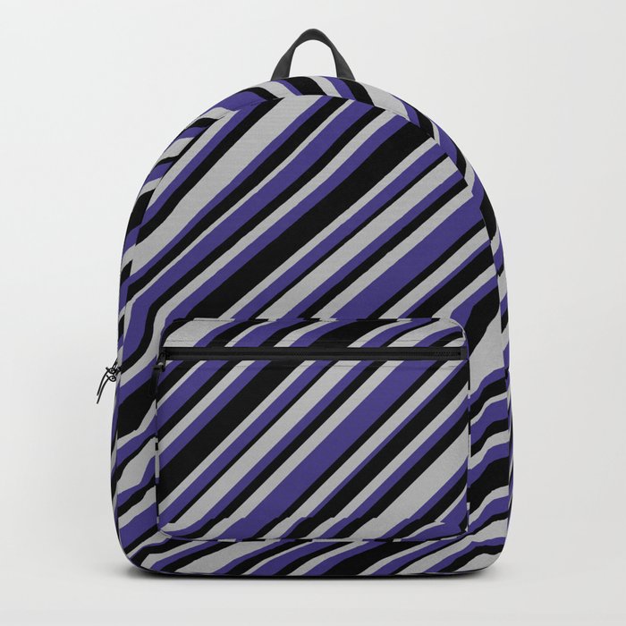 Grey, Dark Slate Blue, and Black Colored Lined/Striped Pattern Backpack