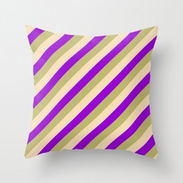 [ Thumbnail: Dark Khaki, Tan, and Dark Violet Colored Striped Pattern Throw Pillow ]