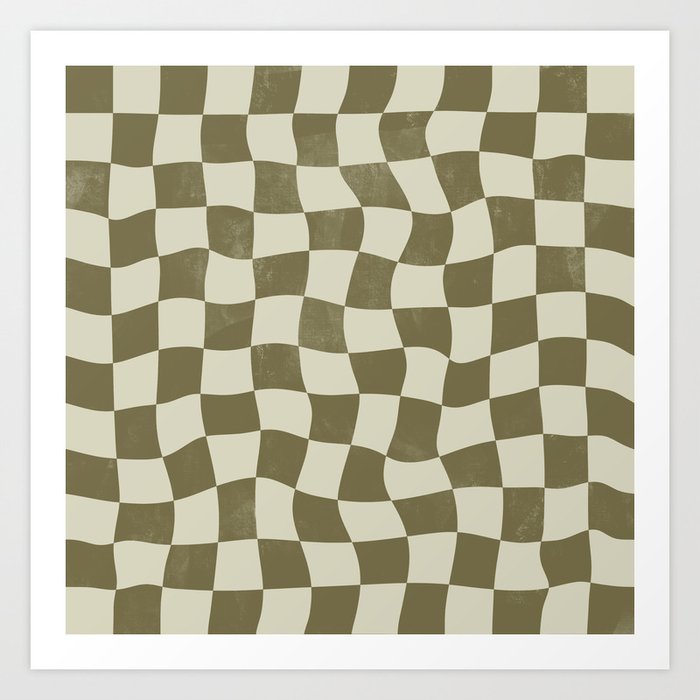 Warped Checkerboard - Olive Green Art Print