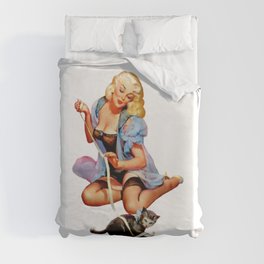Sexy Blond Vintage Pinup Playing With a Cute Puppy Cat Duvet Cover