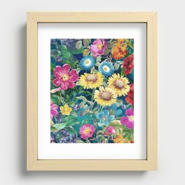 Joyful flowers summer garden blue background  Recessed Framed Print