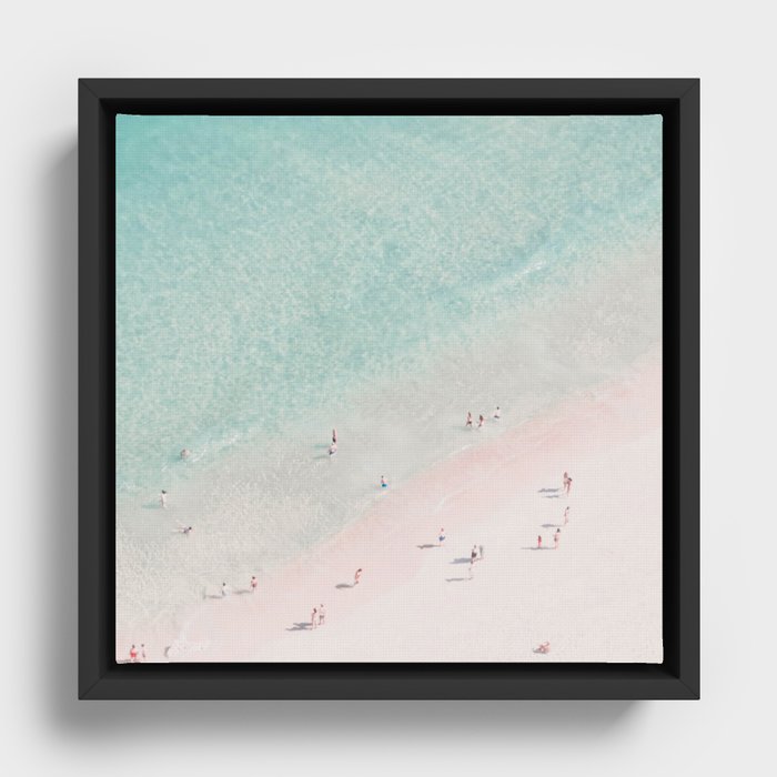 Aerial Beach Ocean Print - Beach People - Pink Sand - Pastel Sea - Minimal - Travel photography Framed Canvas
