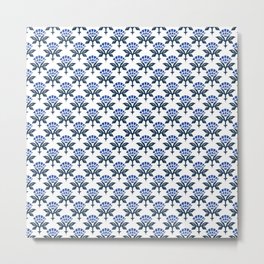 Ajrak Woodblock Floral Print in Blue Metal Print