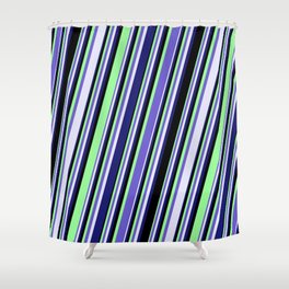 [ Thumbnail: Slate Blue, Lavender, Midnight Blue, Black & Green Colored Lines/Stripes Pattern Shower Curtain ]