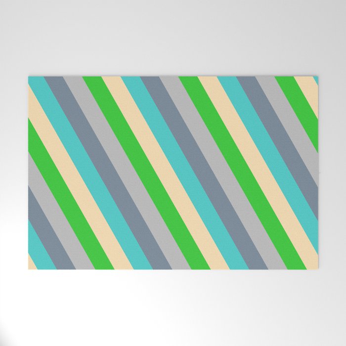 Eyecatching Grey, Light Slate Gray, Turquoise, Beige & Lime Green Colored Stripes/Lines Pattern Welcome Mat