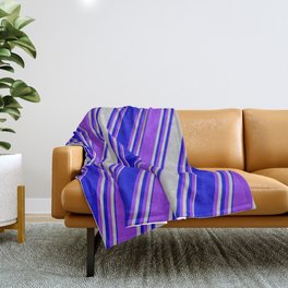 [ Thumbnail: Grey, Blue & Purple Colored Stripes Pattern Throw Blanket ]
