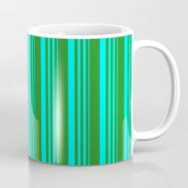 [ Thumbnail: Cyan and Forest Green Colored Stripes Pattern Coffee Mug ]