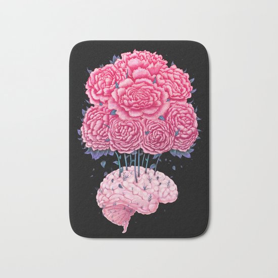 Brain with peonies on black Bath Mat
