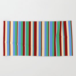 [ Thumbnail: Beige, Cornflower Blue, Sea Green, and Dark Red Colored Lines/Stripes Pattern Beach Towel ]