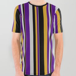 [ Thumbnail: Goldenrod, Black, Light Grey & Indigo Colored Lined/Striped Pattern All Over Graphic Tee ]