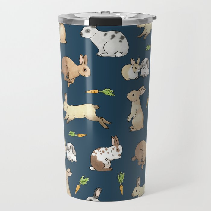 Rabbits on navy background Travel Mug