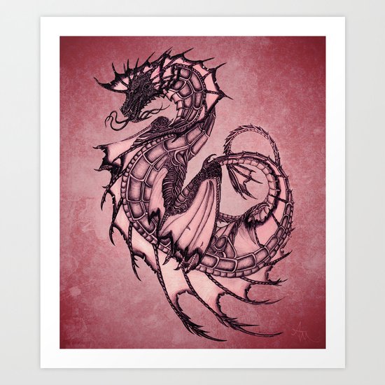 "Tsunami" by Amber Marine ~ Sea Dragon (Ruby Version) ~ Graphite & Charcoal Illustration, (c) 2005 Art Print