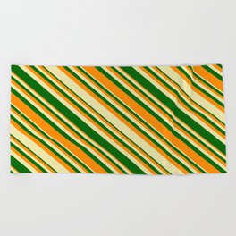 [ Thumbnail: Pale Goldenrod, Dark Green, and Dark Orange Colored Lined/Striped Pattern Beach Towel ]