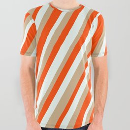 [ Thumbnail: Red, Mint Cream, and Tan Colored Lines Pattern All Over Graphic Tee ]