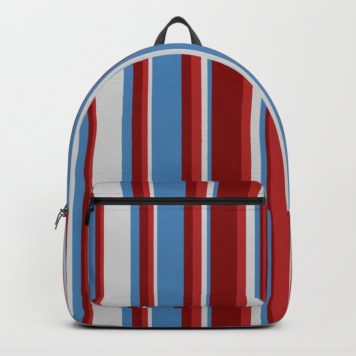 Blue, Light Gray, Red, and Maroon Colored Pattern of Stripes Backpack