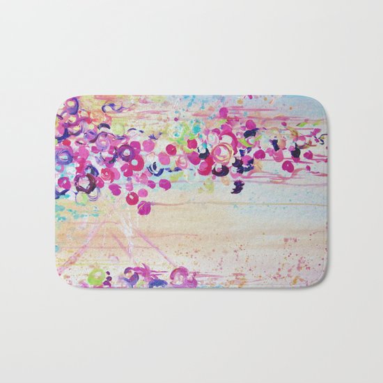 DANCE OF THE SAKURA - Lovely Floral Abstract Japanese Cherry Blossoms Painting, Feminine Peach Blue Bath Mat