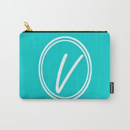 Monogram - Letter V on Cyan Background Carry-All Pouch | Vmonogram, Solidcolor, Cyansolidcolor, Solidcyan, Cyancolor, Cyaninitial, Monogram, Initial, Whitemonogram, Whiteinitial 