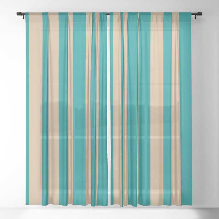 Tan and Dark Cyan Colored Lines Pattern Sheer Curtain