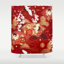 Spring Japanese background with fans and cranes Shower Curtain