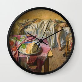 Men Are Dogs (The Morning After Friday Night), female portrait painting by Isabel Codrington Wall Clock