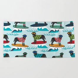 Black Labrador surfing dog breed pattern Beach Towel