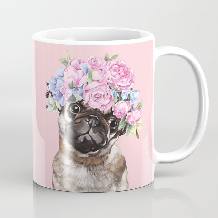 Gorgeous Pug with Flower Crown in Pink Coffee Mug
