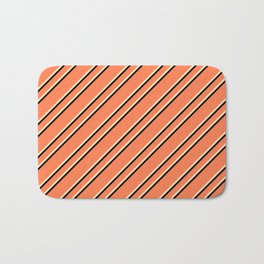 [ Thumbnail: Coral, Beige & Black Colored Lines Pattern Bath Mat ]