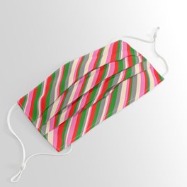 [ Thumbnail: Eye-catching Gray, Bisque, Hot Pink, Red & Green Colored Lines/Stripes Pattern Face Mask ]