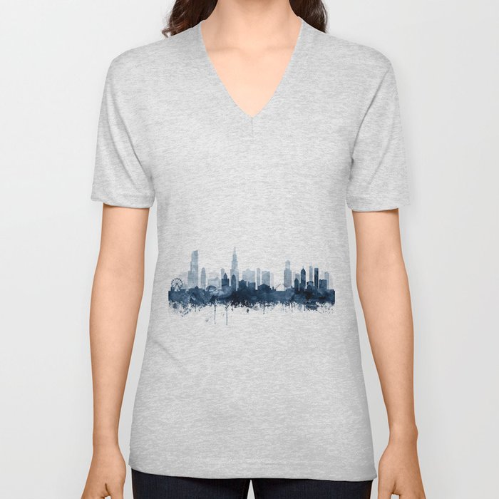 Chicago Skyline Navy Blue Watercolor by Zouzounio Art V Neck T Shirt