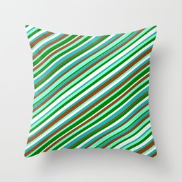 [ Thumbnail: Colorful Light Sea Green, Brown, Aquamarine, Green & Mint Cream Colored Lined/Striped Pattern Throw Pillow ]