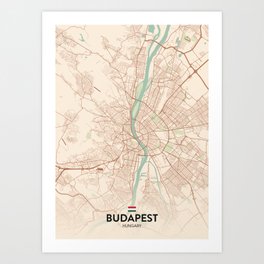 Budapest, Hungary - Vintage City Map Art Print