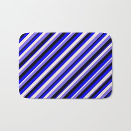 [ Thumbnail: Blue, Beige, Medium Slate Blue & Black Colored Stripes Pattern Bath Mat ]