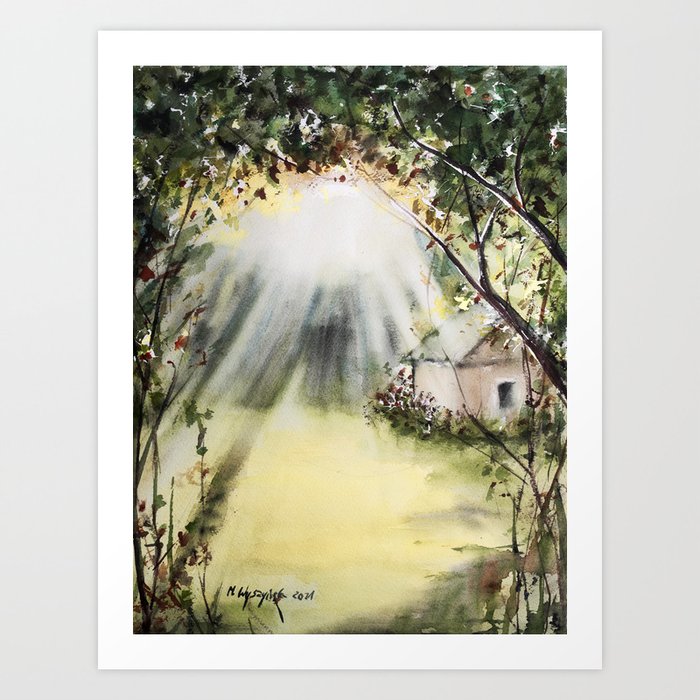 Cottage in Woods Watercolour Painting Art Print